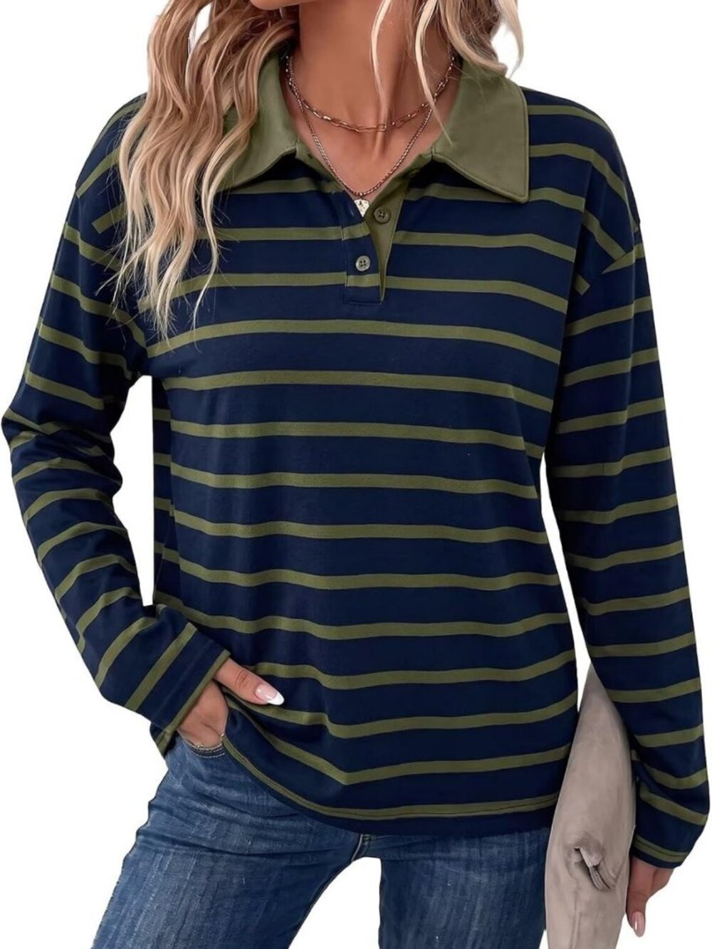 V-Neck Button Down Long Sleeve Striped Polo Shirt for Women - Stylish & Comfy
